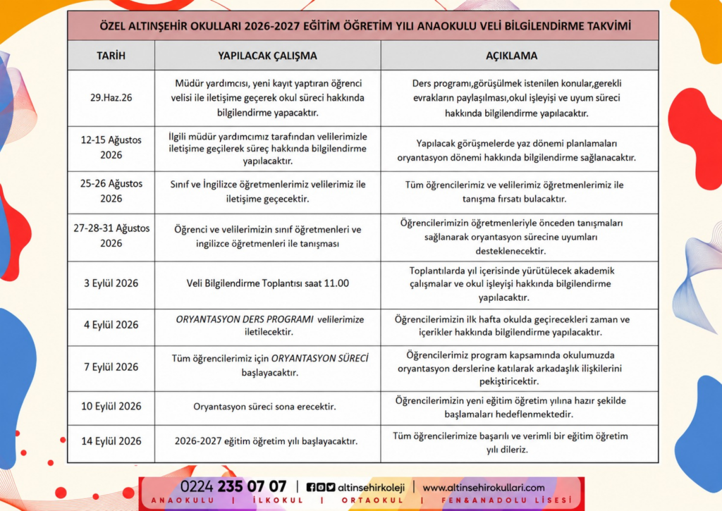 Anaokulu Veli Bilgilendirme Takvimi