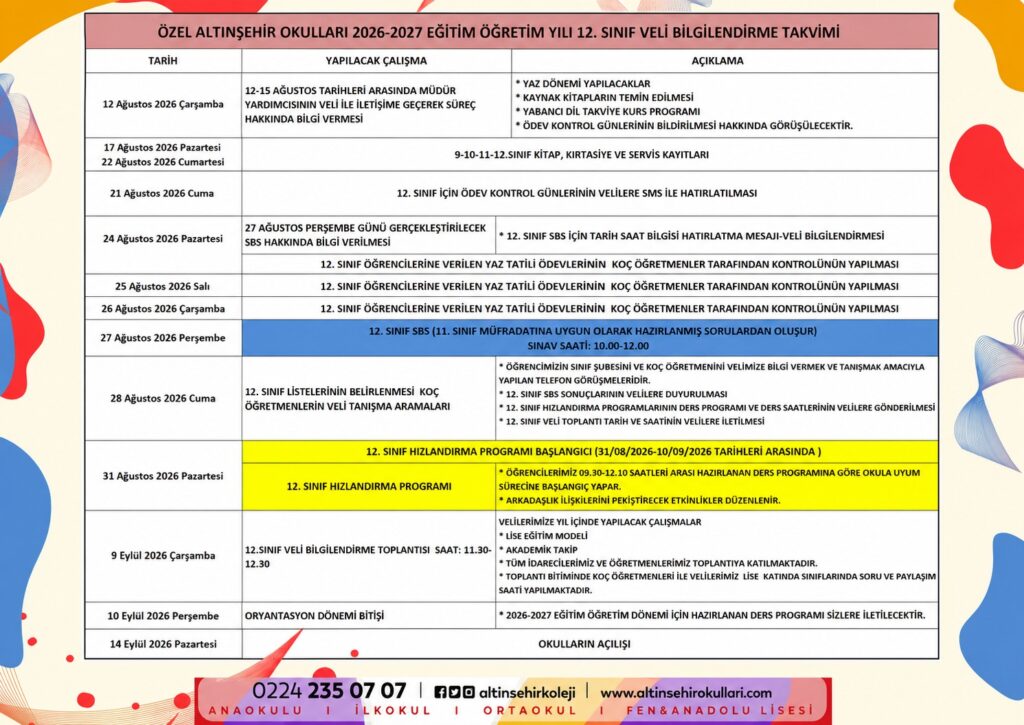 12.Sınıf Veli Bilgilendirme Takvimi
